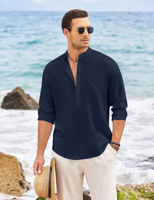Macsivo Men's Cotton Polyester Henley Short Kurta with Mandarin Collar Long Sleeeve Button Closure Curved Hem Regular Fit | Kurta for Men Stylish