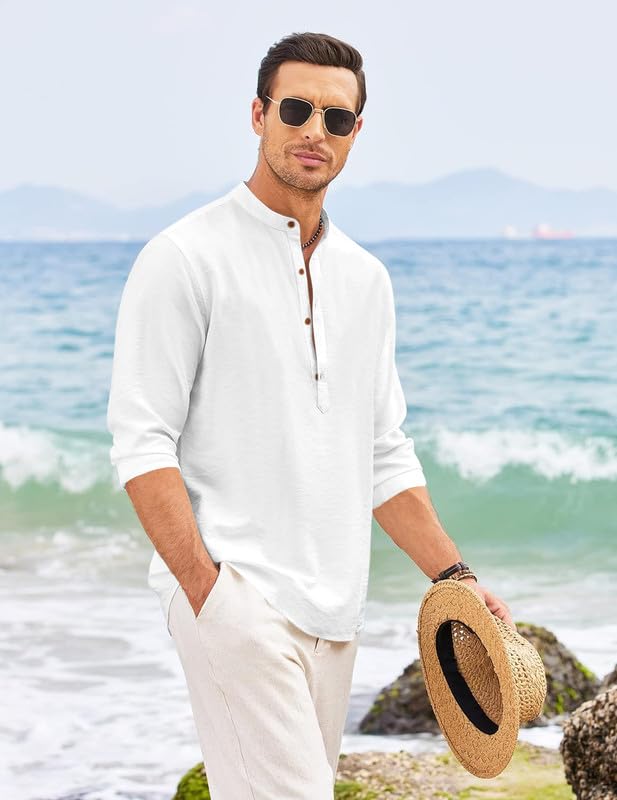 Macsivo Men's Cotton Polyester Henley Short Kurta with Mandarin Collar Long Sleeeve Button Closure Curved Hem Regular Fit | Kurta for Men Stylish - Image 5