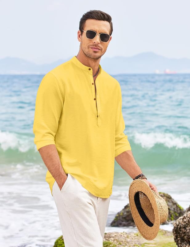 Macsivo Men's Cotton Polyester Henley Short Kurta with Mandarin Collar Long Sleeeve Button Closure Curved Hem Regular Fit | Kurta for Men Stylish - Image 6