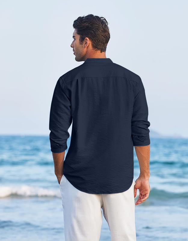 Macsivo Men's Cotton Polyester Henley Short Kurta with Mandarin Collar Long Sleeeve Button Closure Curved Hem Regular Fit | Kurta for Men Stylish - Image 4