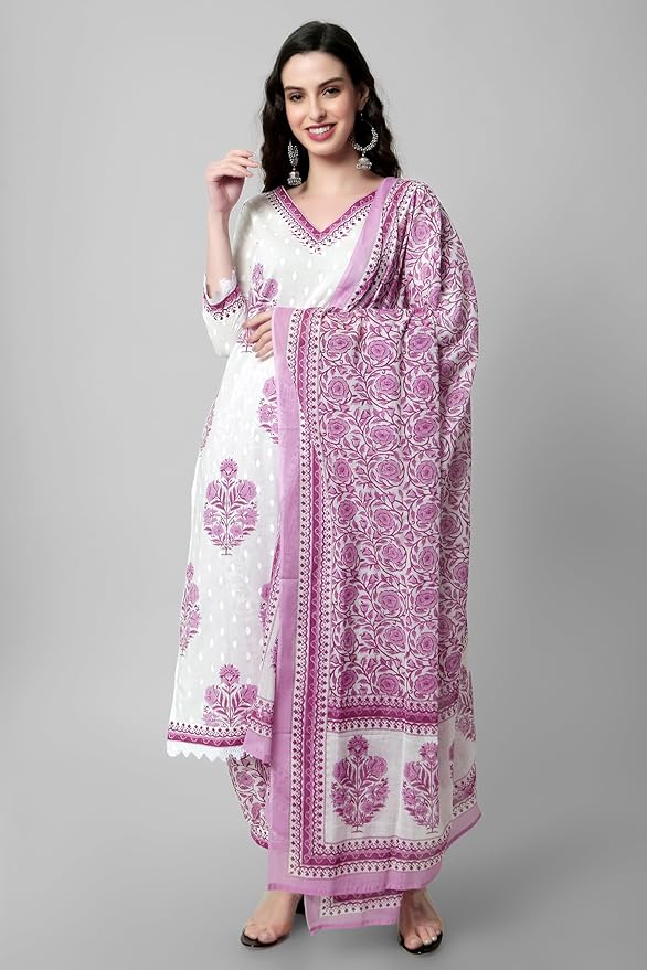 Arayna Women's Cotton Printed Floral Straight Kurta with Palazzo Pants and Dupatta