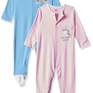 Amazon Brand - Jam & Honey Baby-Girls 100% Soft & Pure Cotton Long Sleeve Sleepsuit/Onesie with Fun Printed Motifs (Pack of 2)