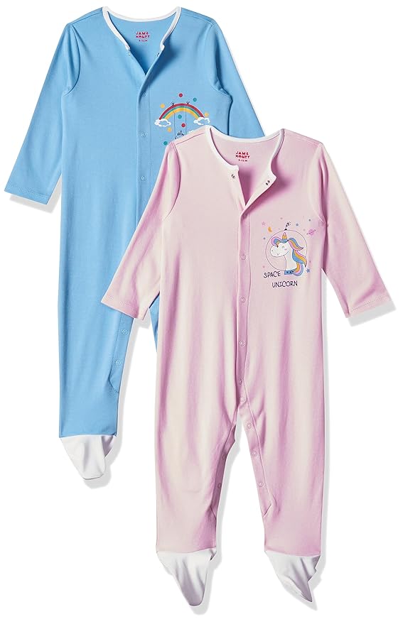 Amazon Brand - Jam & Honey Baby-Girls 100% Soft & Pure Cotton Long Sleeve Sleepsuit/Onesie with Fun Printed Motifs (Pack of 2)