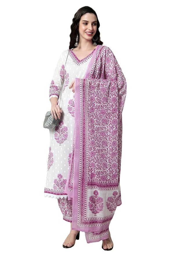 Arayna Women's Cotton Printed Floral Straight Kurta with Palazzo Pants and Dupatta - Image 2
